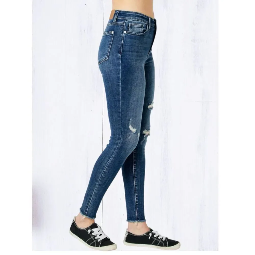 Judy Blue High Rise Skinny Jeans Dark Wash Distressed Stretch Denim Raw Hem NEW